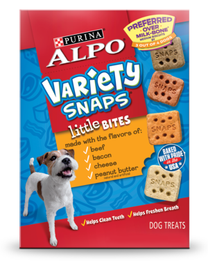 Alpo Variety Snaps Little Bites Made With Beef, Bacon, Cheese, and Peanut Butter Flavors