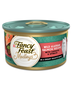 Fancy Feast Medleys Wild Alaskan Salmon Recipe With Carrots & Spinach In A Creamy Veloute Sauce