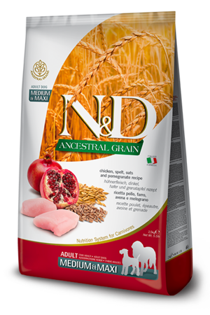 Farmina N&D Ancestral Grain Medium & Maxi Adult Chicken, Spelt, Oats and Pomegranate Recipe