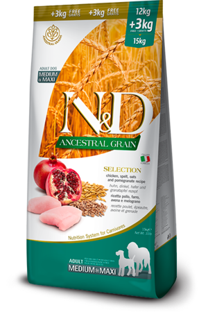 Farmina N&D Ancestral Grain Medium & Maxi Selection Recipe With Chicken, Spelt, Oats and Pomegranate For Dogs