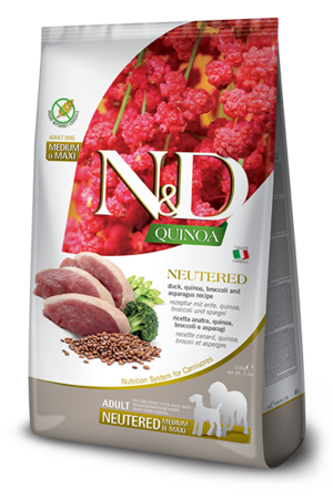Farmina N&D Quinoa Medium & Maxi Neutered Recipe With Duck, Quinoa, Broccoli and Asparagus For Dogs