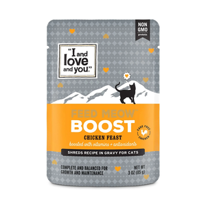 I and Love and You Feed Meow Boost Chicken Feast Shreds Recipe In Gravy For Cats