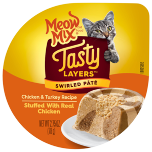 Meow Mix Tasty Layers Chicken & Turkey Recipe Stuffed With Real Chicken (Swirled Paté)