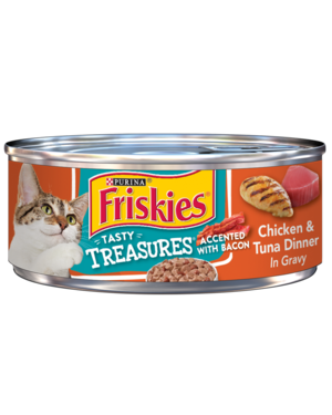 Purina Friskies Tasty Treasures Accented With Bacon Chicken & Tuna Dinner In Gravy